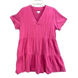 Mud Pie Dress Sz‎ M / L Mini Pink Gauze Tiered V Neck Casual Costal Pockets